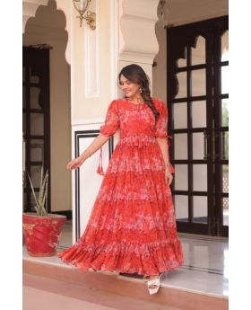 Red Faux Georgette Printed Gown Puff Sleeve Pattern