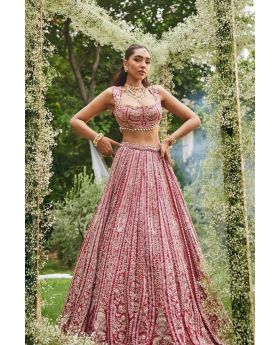 Red Heavy Faux Georgette Lehanga Blouse Dupatta Set Embroidered
