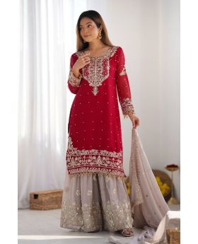 Red Heavy Faux Georgette Red Sharara Dupatta Suit Set