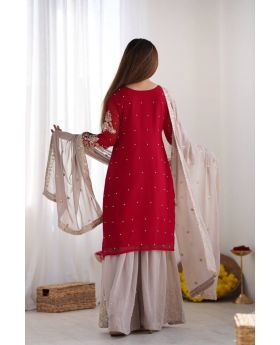 Red Heavy Faux Georgette Red Sharara Dupatta Suit Set