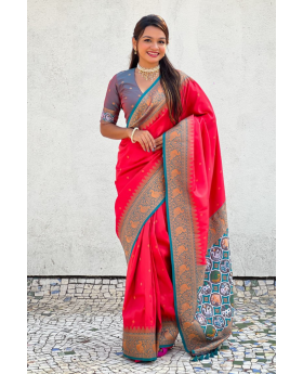 Sarees made of red Katki silk with floral designs