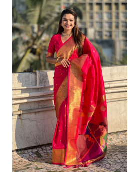 Soft silk sarees in red Paithani with floral designs