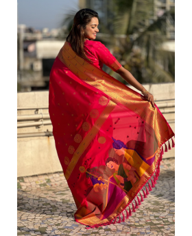 Soft silk sarees in red Paithani with floral designs