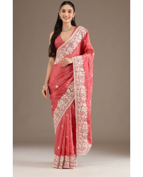 Embroidered red premium gold crush saree.