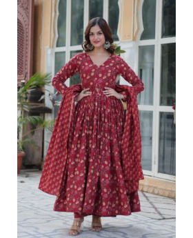 Anarkali gown made of red pure cotton with a printed dupatta