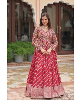 Embroidered Red Pure Dayble Viscose Jequard Lehanga Top Set
