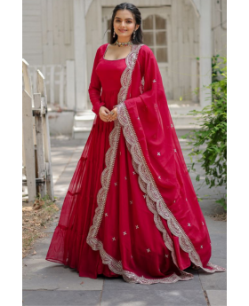 Red Faux Blooming Full Flared Gown With Dupatta