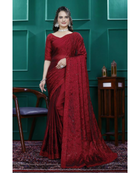 Multi-sequence and cut embroidery on a red rangoli silk saree