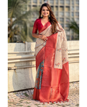 Saree in red soft silk with butta meenakari and flower patterns