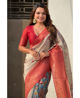 Saree in red soft silk with butta meenakari and flower patterns