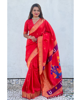 Floral designs woven into red soft silk sarees