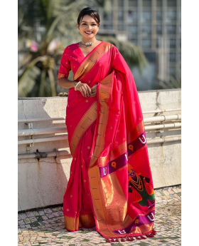 Red soft silk sarees woven with floral designs