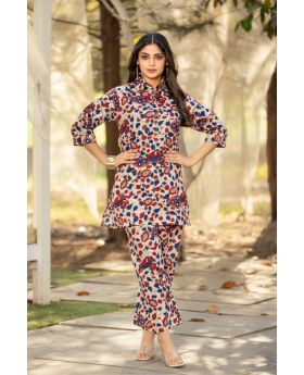 Red And Blue Cotton Printed Kurti Pant Co-ord Set for Women