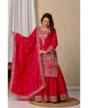 Red Chinnon Silk Sharara Palazzo Set with 5mm Sequence Embroidery
