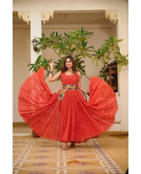 Red Faux Georgette Bandhani Gown with Real Mirror & Gota Patti Work 