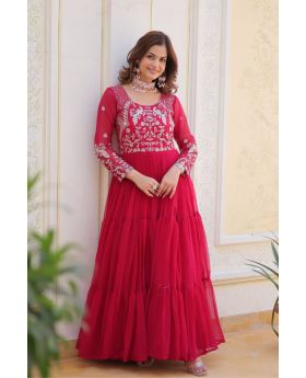 Red Fox Georgette Gown with Heavy Embroidered