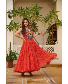  Red Navratri Special Bandhani Print Gown in Faux Georgette