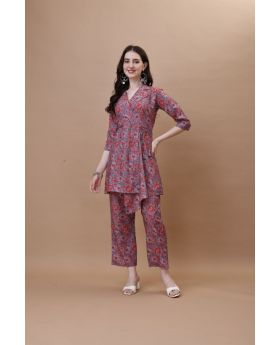 Red Printed American Crepe Co-ord Set Kurti & Pant Set