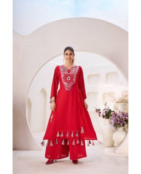 Red Rayon Kurti Plazo Cord-Set with Thread & Raal Mirror Work