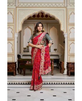 Royal Bandhej Saree in Pure Fabric with Intricate Pitha & Gota Patti Work