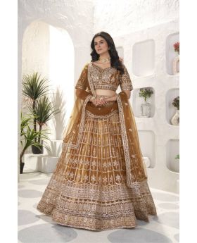 Rust Net Sequence Embroidered Design Work Lehanga Blouse Dupatta
