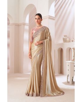 Satin Gold Chiffon Saree with Satin Silk Blouse 