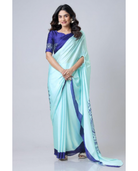 Digital Printing of Sea Blue Satin Creap Silk Saree