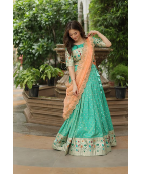 Sea Green Cosmos Jequard Embroidered with Meena Weaving