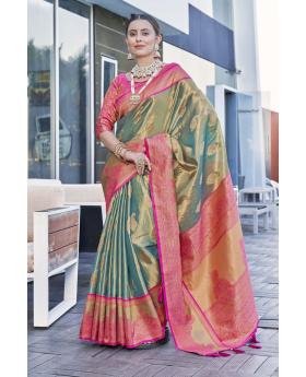 Zari Woven Sea Green Original Pure Soft Tissue Saree