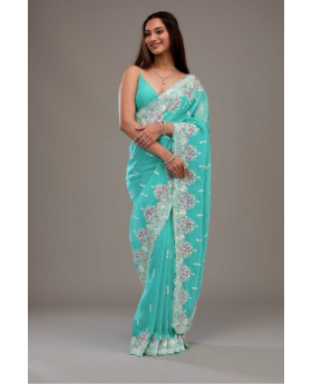 Superior Crunchy Saree in Sea Green with Embroidered Thread Work