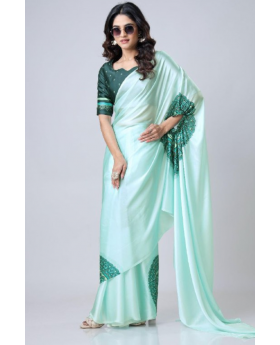 Digital Printing of a Sea Green Satin Creap Silk Saree