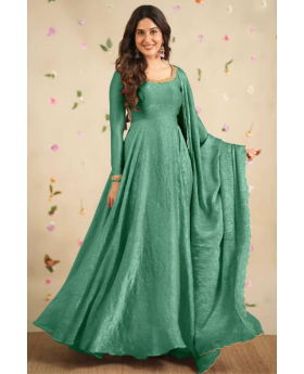 Soft Gold Crush Silk Gown in Sea Green with Dupatta