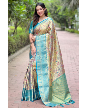 Zari weaves and premium silk sarees in sea blue