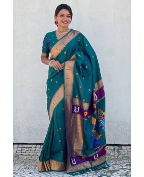 Soft Silk Sarees in Sea Blue with Weaved Floral Designs