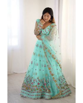 Sea Green Elegant Semi-Stitched Soft Net Lehenga Set with Thread Sequence 