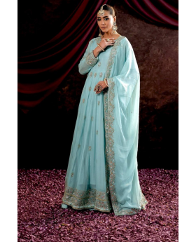 Anarkali gown in sky blue with an embroidered dupatta