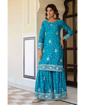 Embroidered Sky Blue Chinon Kurta Pant Dupatta Set Sharara Suit