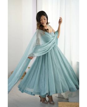 Sky Blue Crunch Silk Anarkali Pant Suit Set.