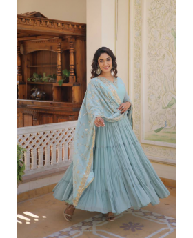 Faux Sky Blue Georgette Dress with Embroidered Dupatta