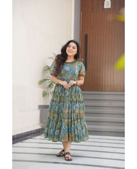 Sky Blue Faux Georgette With Printed Full Flair Gown