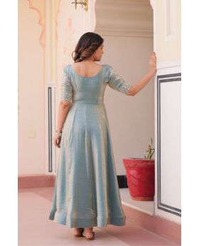 Sky Blue Fendy Gown With Dupatta Suit Set Embroidered Work.