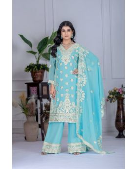 Sky Blue Heavy Faux Georgette Kurta Pant Dupatta Suit Set