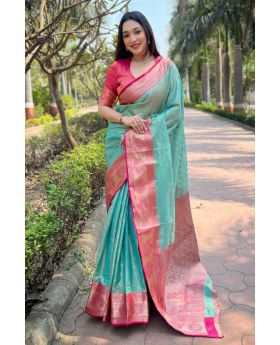 Sky Blue Traditional Zari Woven Saree in Pattu, Kanchipuram