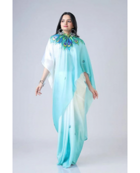 Digital Printing of a Sky Blue Satin Creap Silk Saree