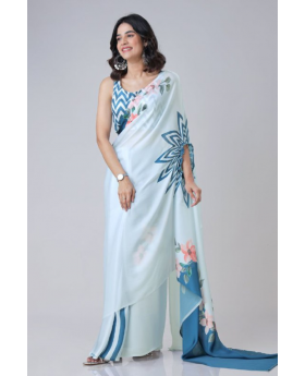 Digital Printing of a Sky Blue Satin Creap Silk Saree