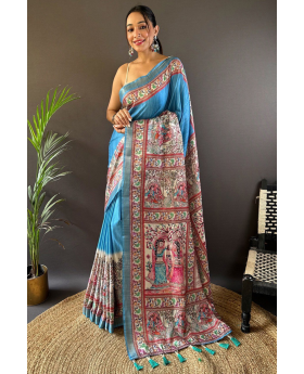 Tussar Silk Sarees in Sky Blue with Madhubani Designs