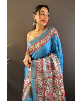 Tussar Silk Sarees in Sky Blue with Madhubani Designs
