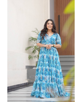 Anarkali Suit in Sky Blue Faux Georgette with Print and Dupatta