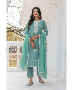 Sky Blue Chanderi Silk Kurta Dupatta Pant Set with Embroidered