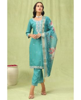 Sky Blue Elegant Chanderi Cotton Kurta Pant Set Embroidered